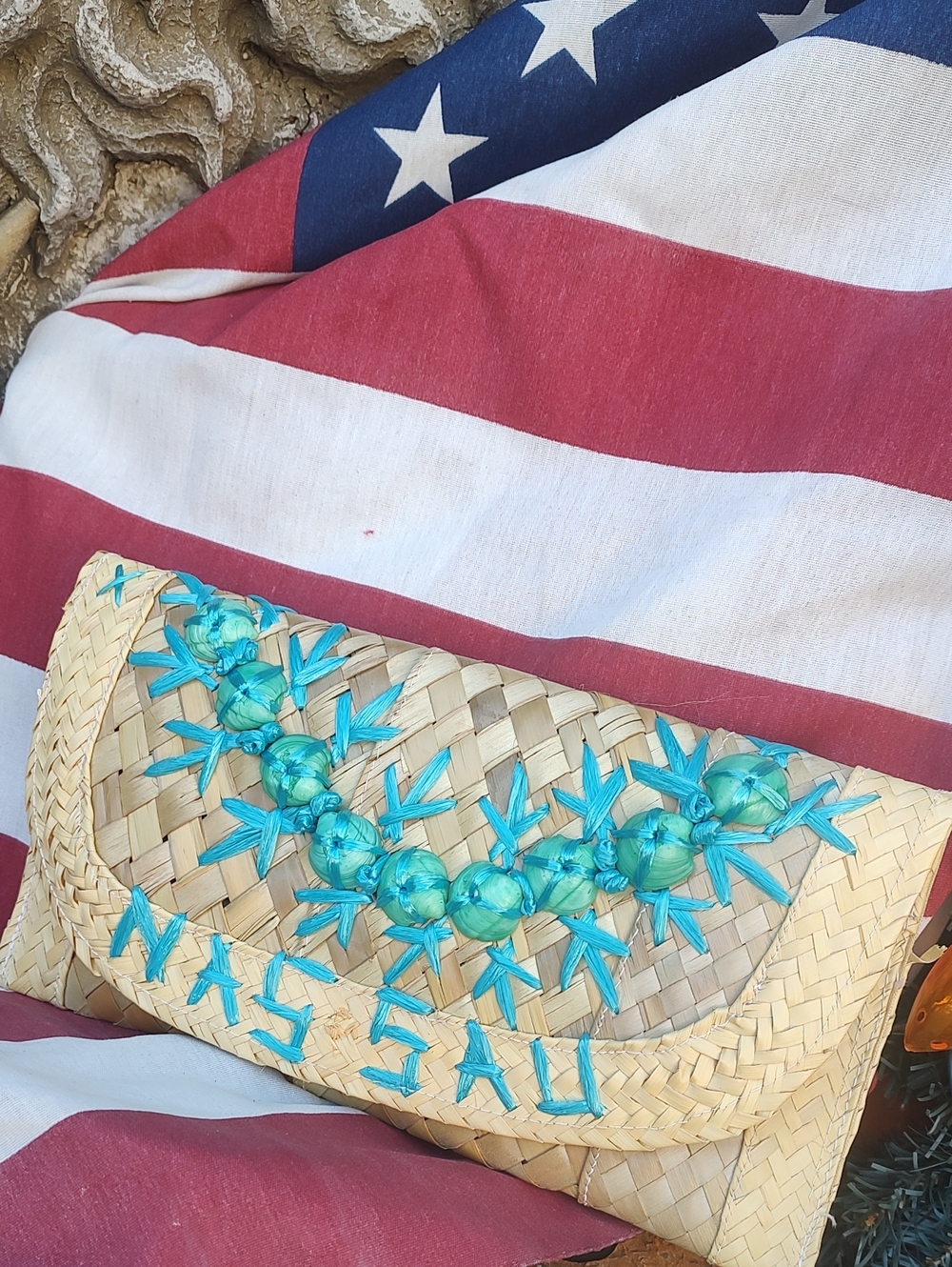 Nassau Bag/Woven Straw Clutch with Turquoise Embroidery - Picture 2 of 7